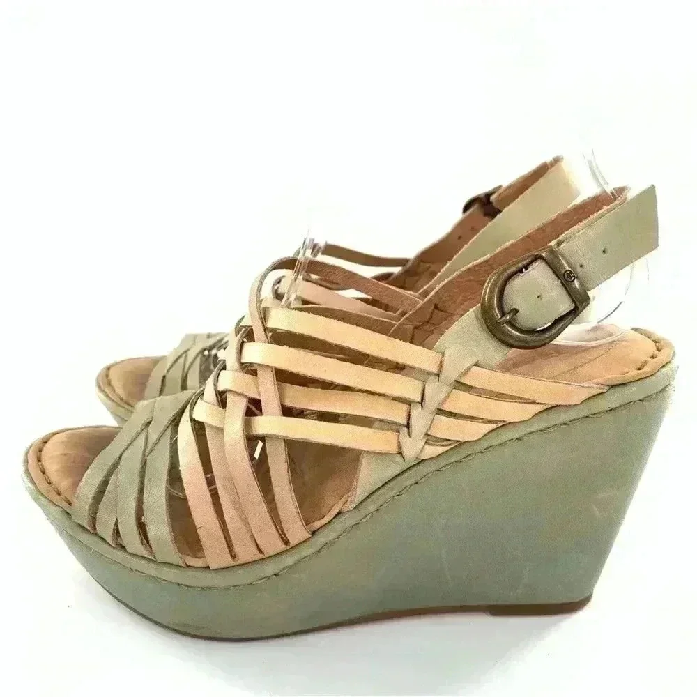 Born womens sandals size 8 green tan leather platform wedges